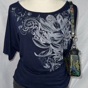 Agenda Dark Blue Floral Short Sleeve Top Y2K fairy
